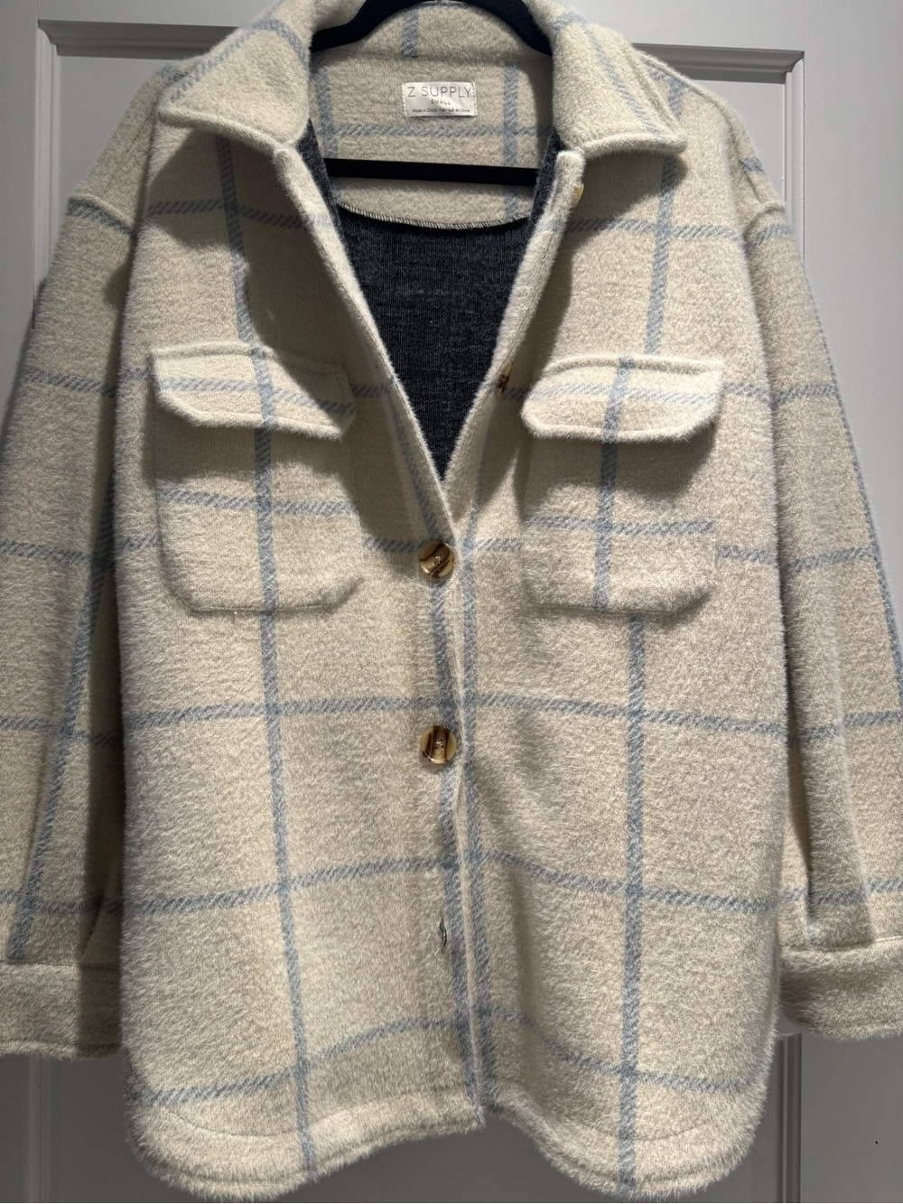 Z Supply Cream Plaid Shacket with Pale Blue Windowpane